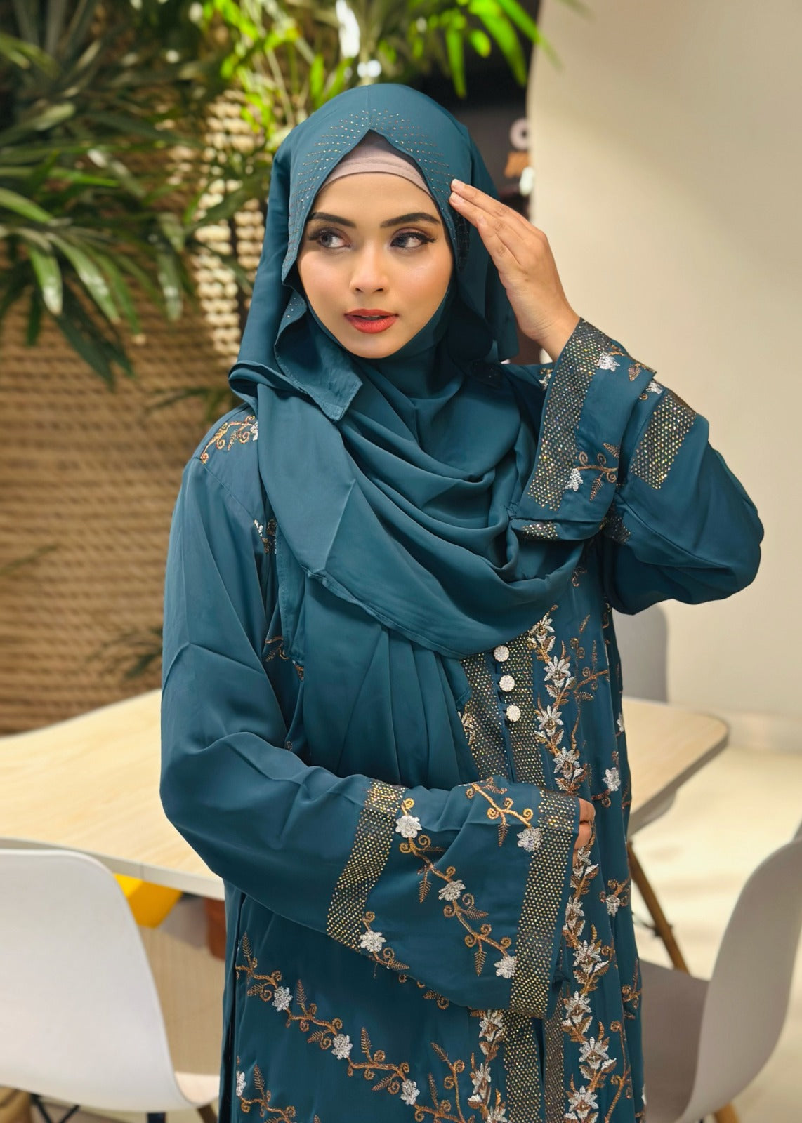 Elegant Teal Embroidered Abaya with Hijab – Graceful Modest Fashion - Azzan online shopping