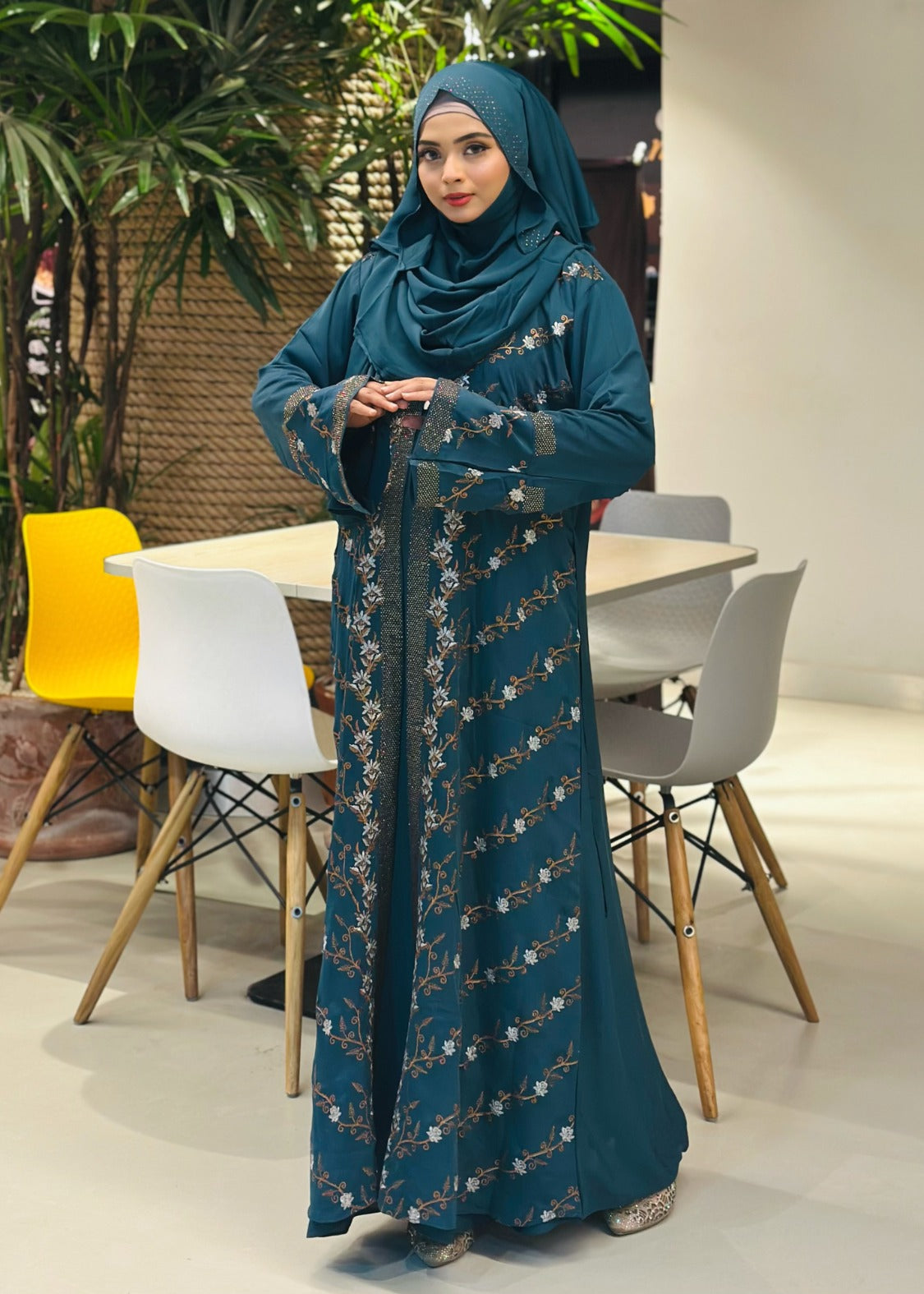 Elegant Teal Embroidered Abaya with Hijab – Graceful Modest Fashion - Azzan online shopping