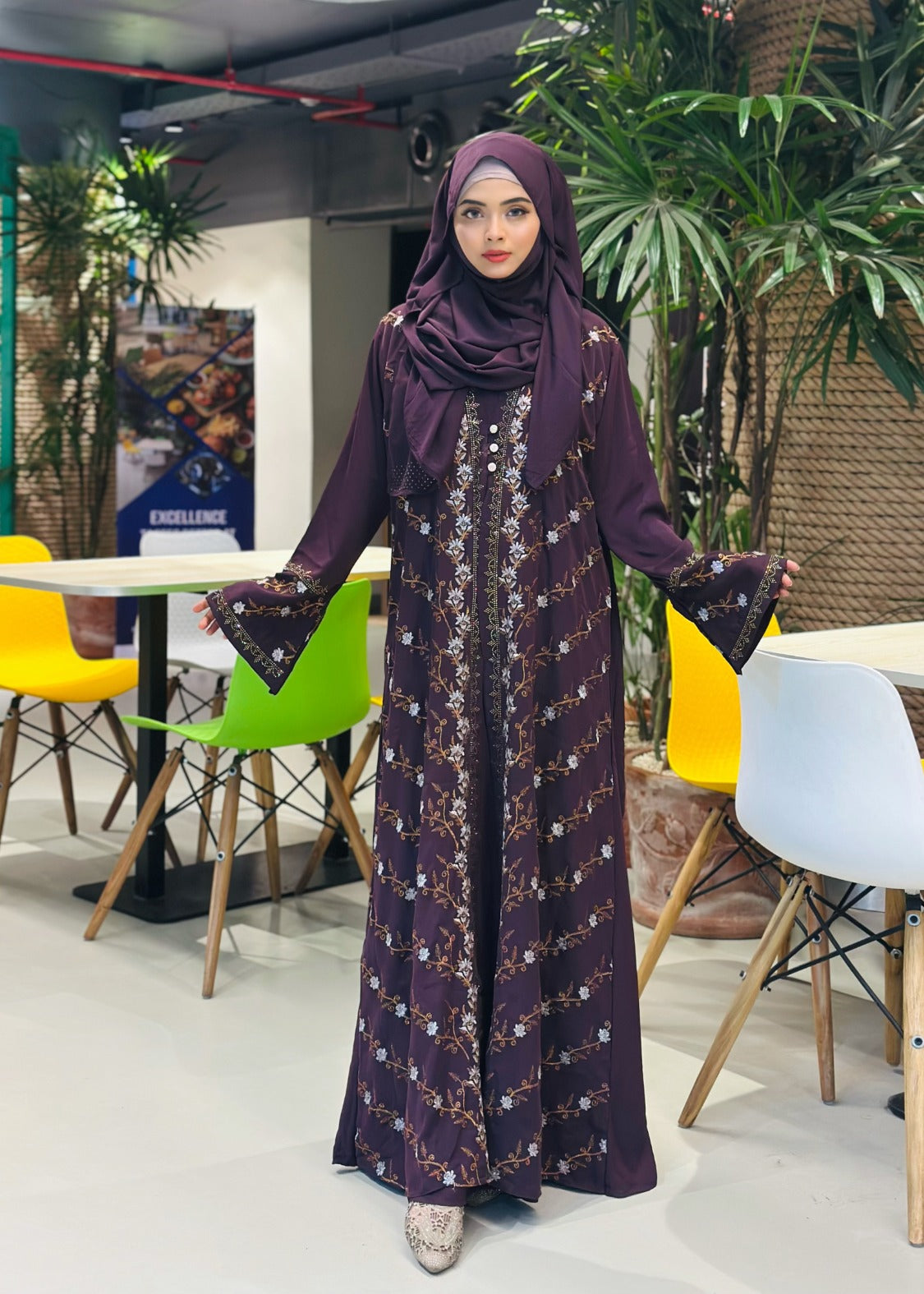 Elegant Teal Embroidered Abaya with Hijab – Graceful Modest Fashion - Azzan online shopping