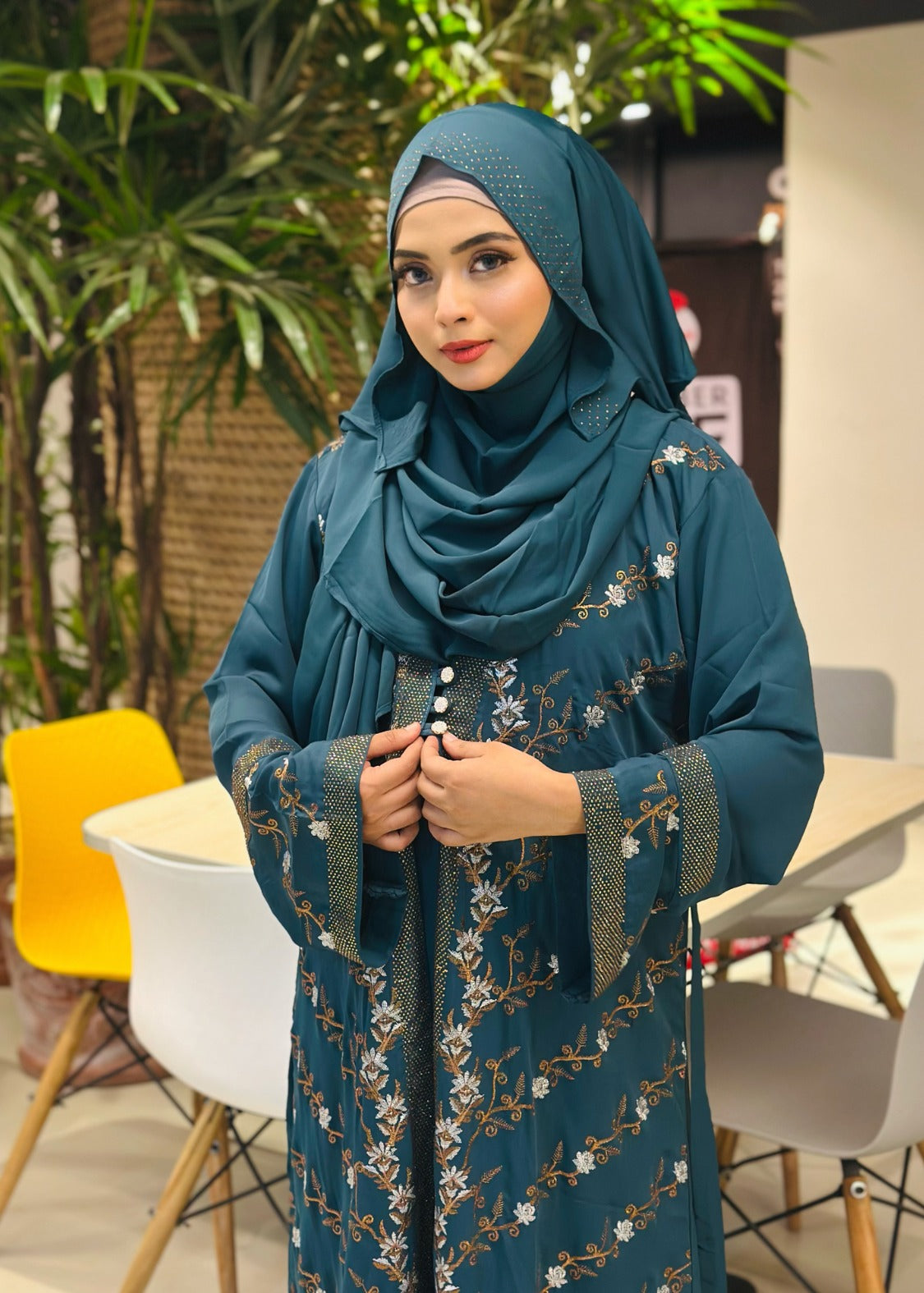 Elegant Teal Embroidered Abaya with Hijab – Graceful Modest Fashion - Azzan online shopping
