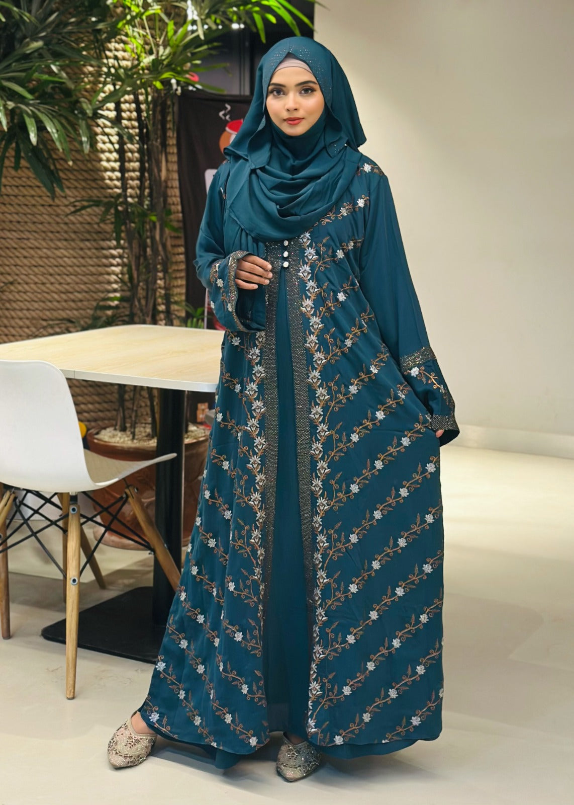 Elegant Teal Embroidered Abaya with Hijab – Graceful Modest Fashion - Azzan online shopping