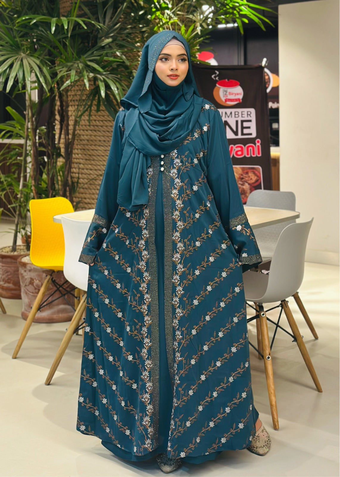 Elegant Teal Embroidered Abaya with Hijab – Graceful Modest Fashion - Azzan online shopping