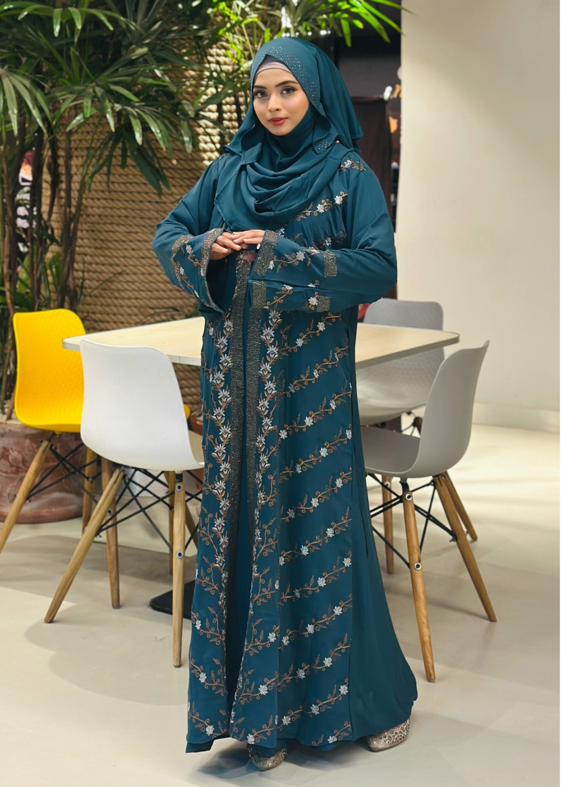Elegant Teal Embroidered Abaya with Hijab – Graceful Modest Fashion - Azzan online shopping