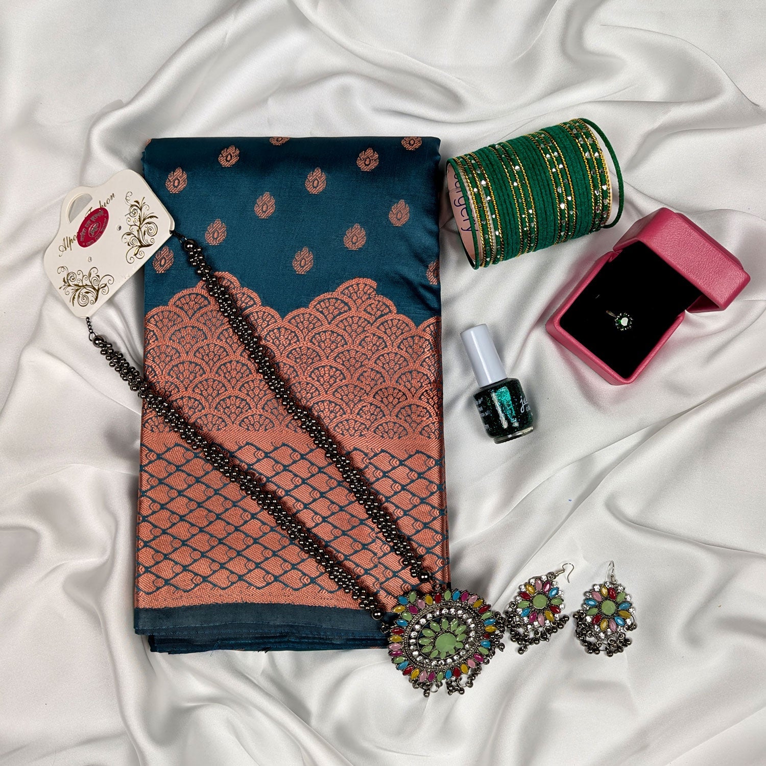 Premium Silk Katan Saree Combo Pack – Ocean Green