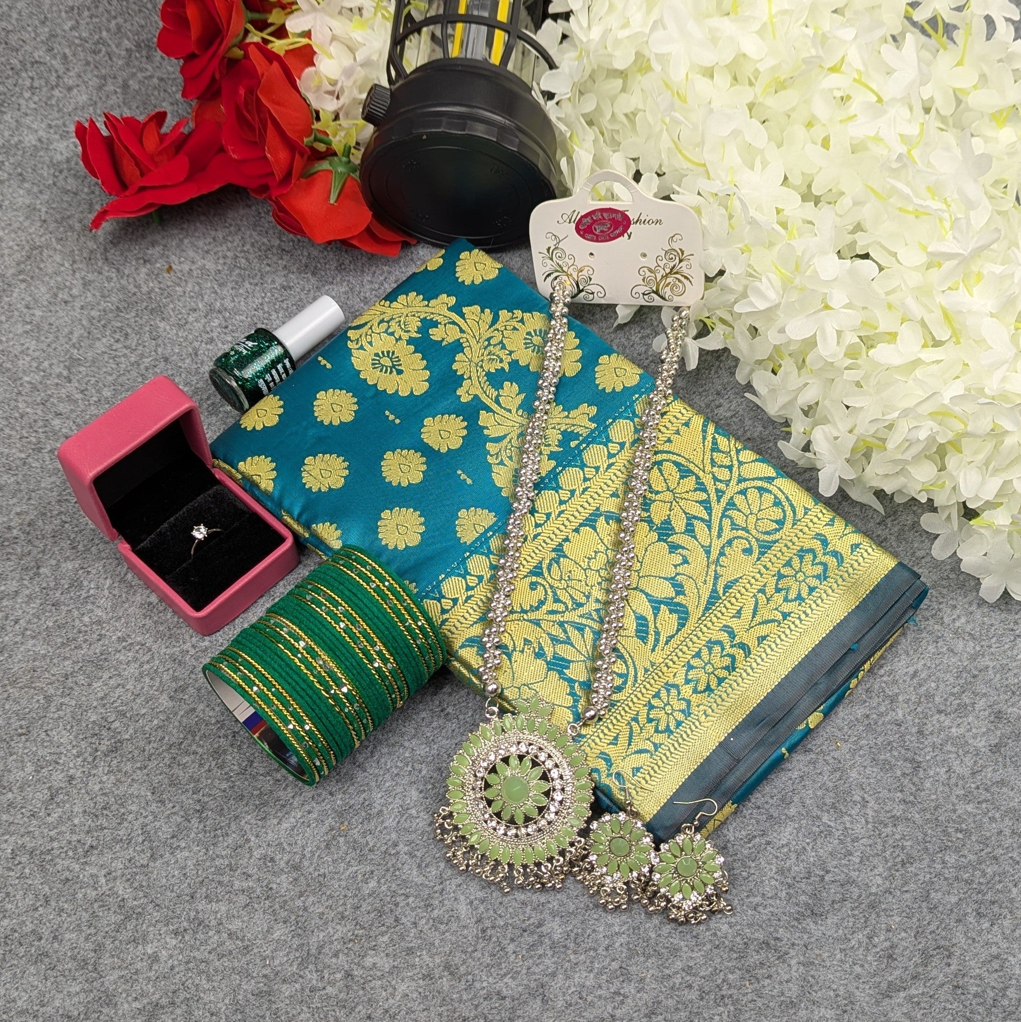 Premium Silk Katan Saree Combo Set - Ocean Green