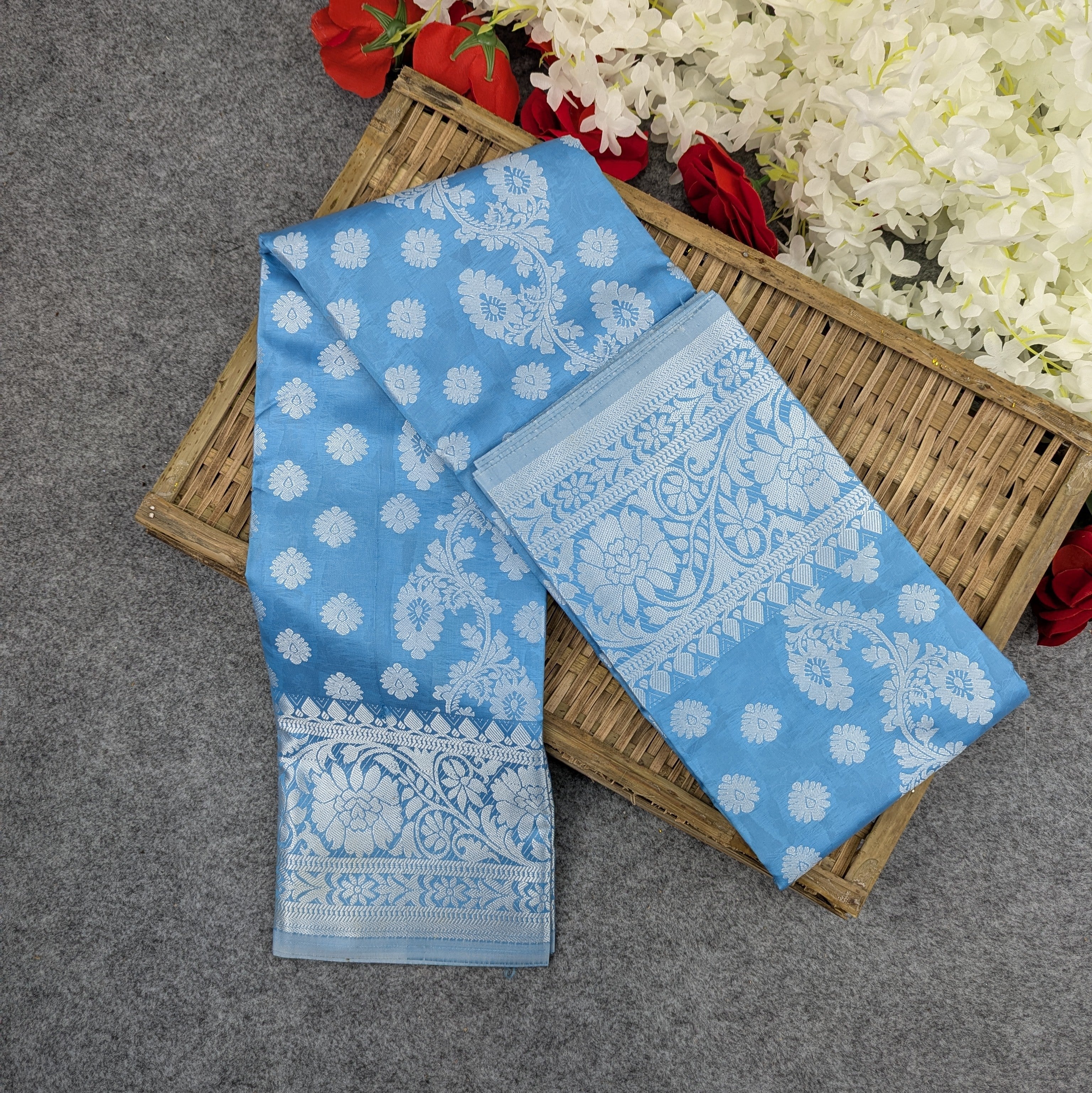 Premium Silk Katan Saree Combo Set - Sky Blue