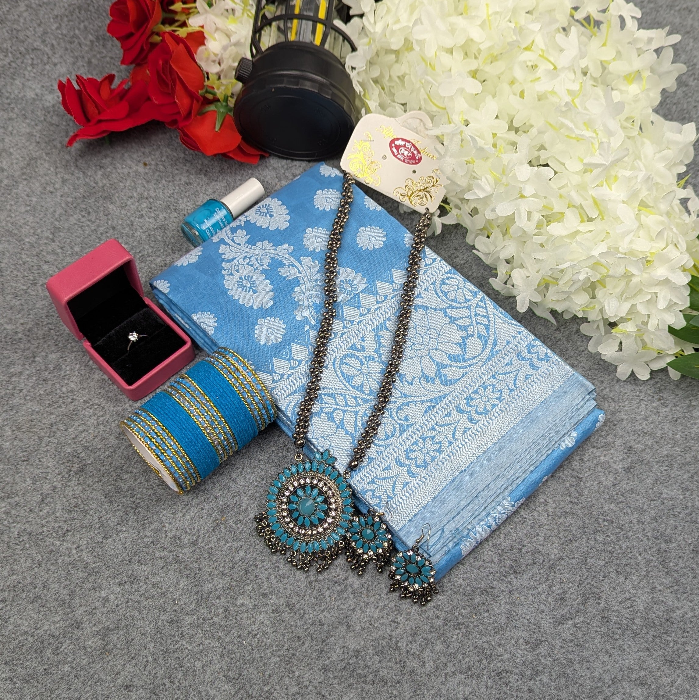 Premium Silk Katan Saree Combo Set - Sky Blue