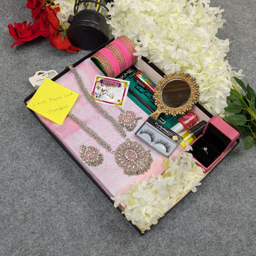 Premium Silk Katan Saree Combo Set - Light Pink