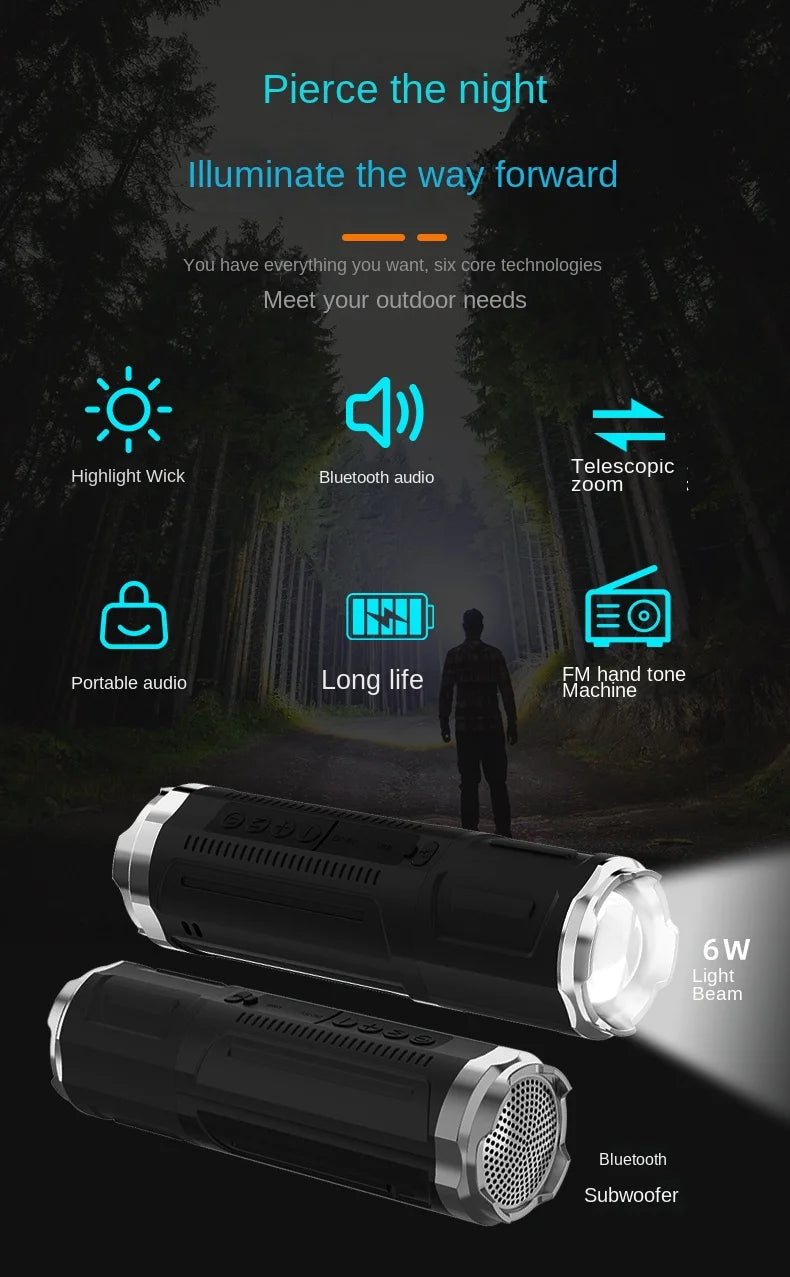 Portable Bluetooth Speaker With Zoomable Flashlight - 4 Dimming Modes FM Radio Long Lasting Life