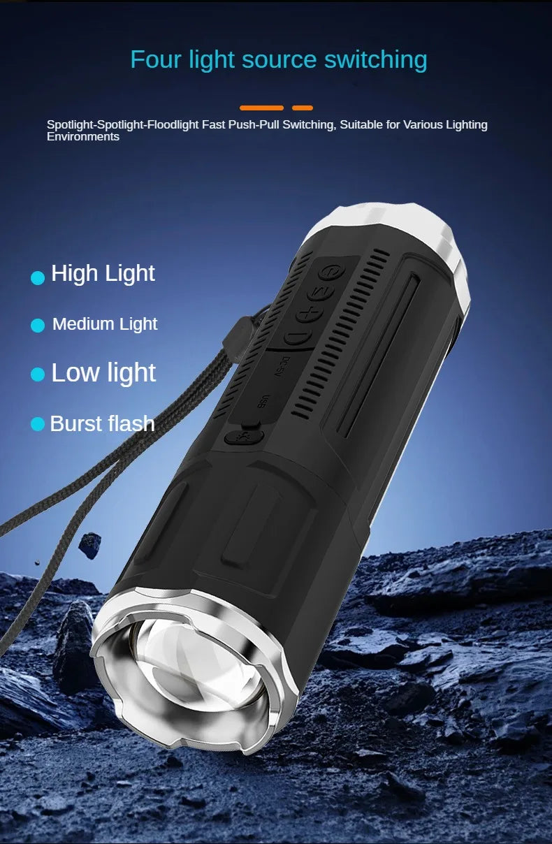 Portable Bluetooth Speaker With Zoomable Flashlight - 4 Dimming Modes FM Radio Long Lasting Life